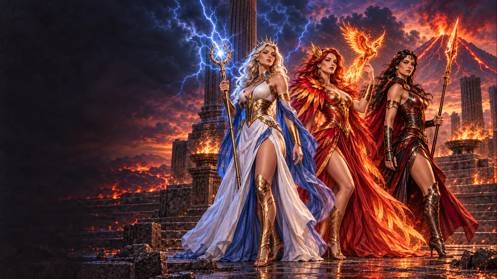 Three adult mythological heroines standing in a storm-lit fire temple